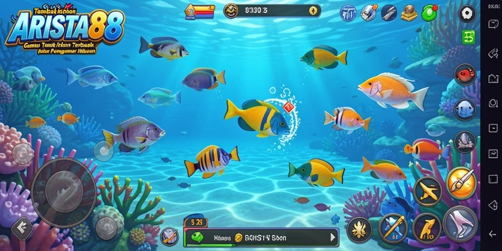 Screenshot menunjukkan pemain berburu ikan di ARISTA88 dengan senjata yang menarik.