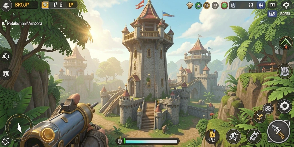 Tampilan gameplay BROJP dengan menara yang beraksi melawan musuh.