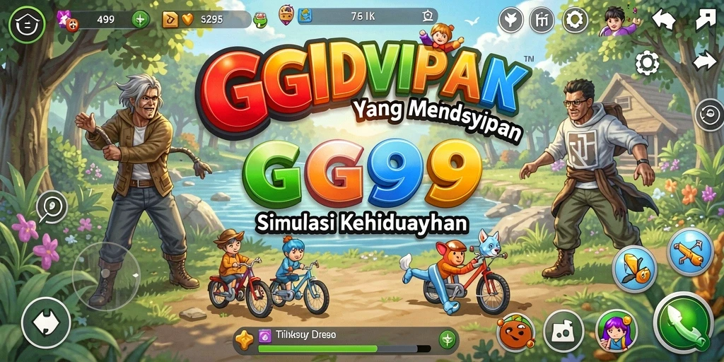 Gameplay GG99 yang menampilkan interaksi sosial dan pembangunan kehidupan virtual.
