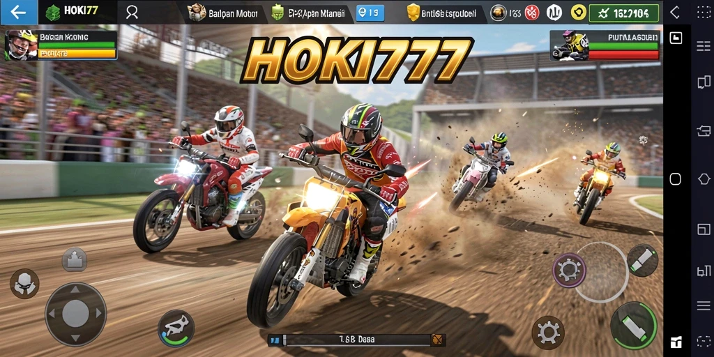 Tampilan gameplay HOKI777 yang menegangkan dan penuh aksi saat balapan motor.