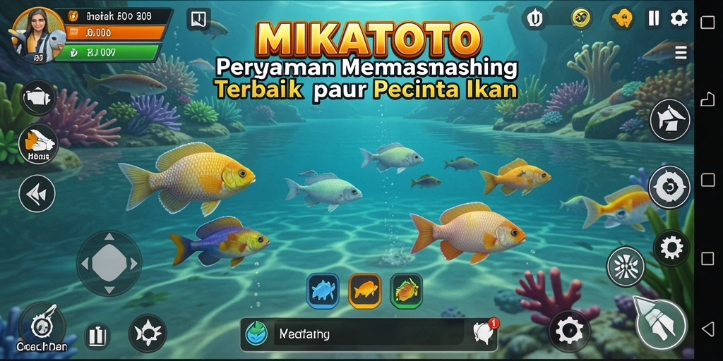 Screenshot gameplay MIKATOTO menampilkan serunya menangkap ikan di lokasi yang indah.