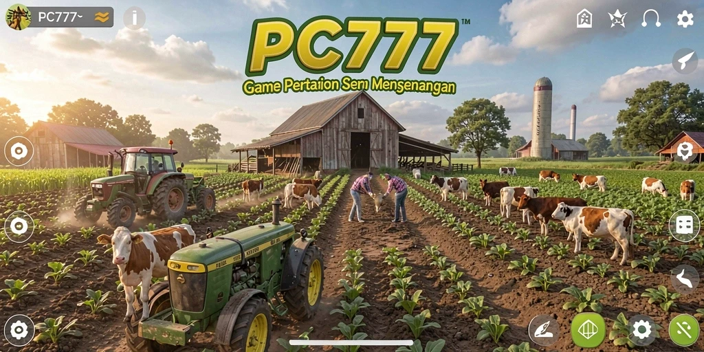 Tangkapan layar gameplay PC777 menampilkan ladang hijau subur dan hewan ternak.
