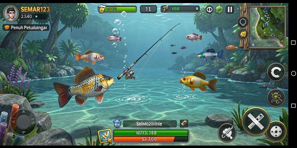 Tampilan gameplay SEMAR123 dengan aksi memancing yang seru dan grafis menakjubkan.