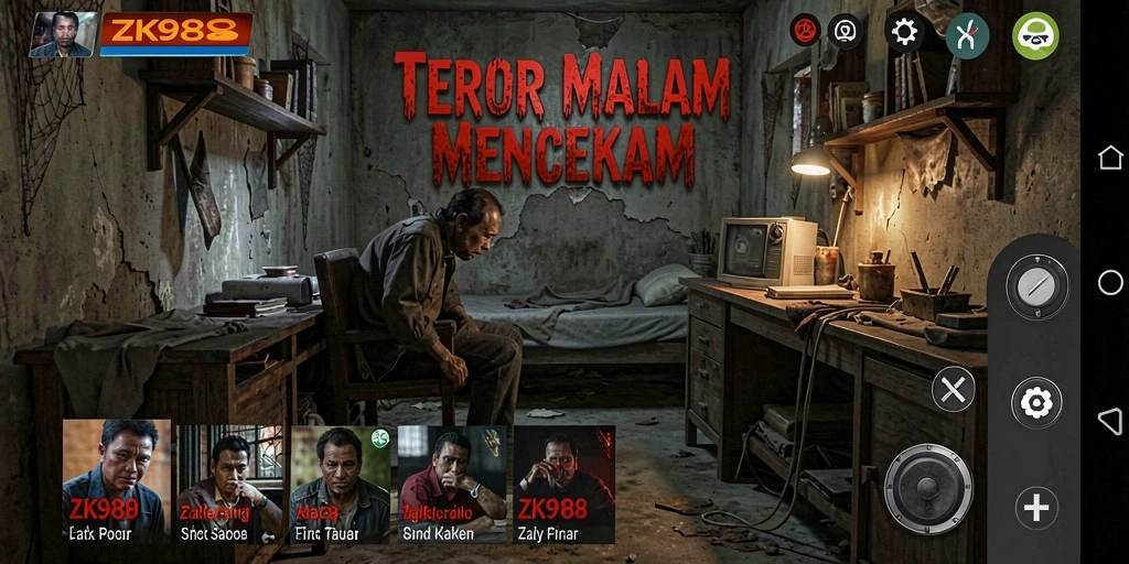 Screenshot gameplay ZK988 menampilkan suasana horor yang mencekam.